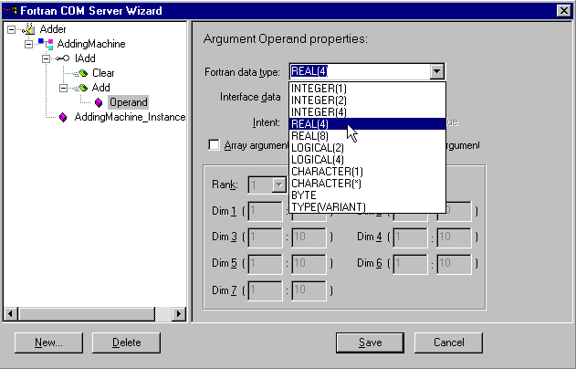 Fortran Com Server Wizard の使用