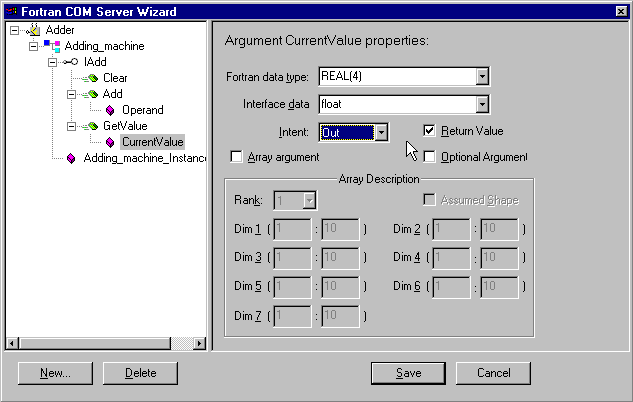 Fortran Com Server Wizard の使用